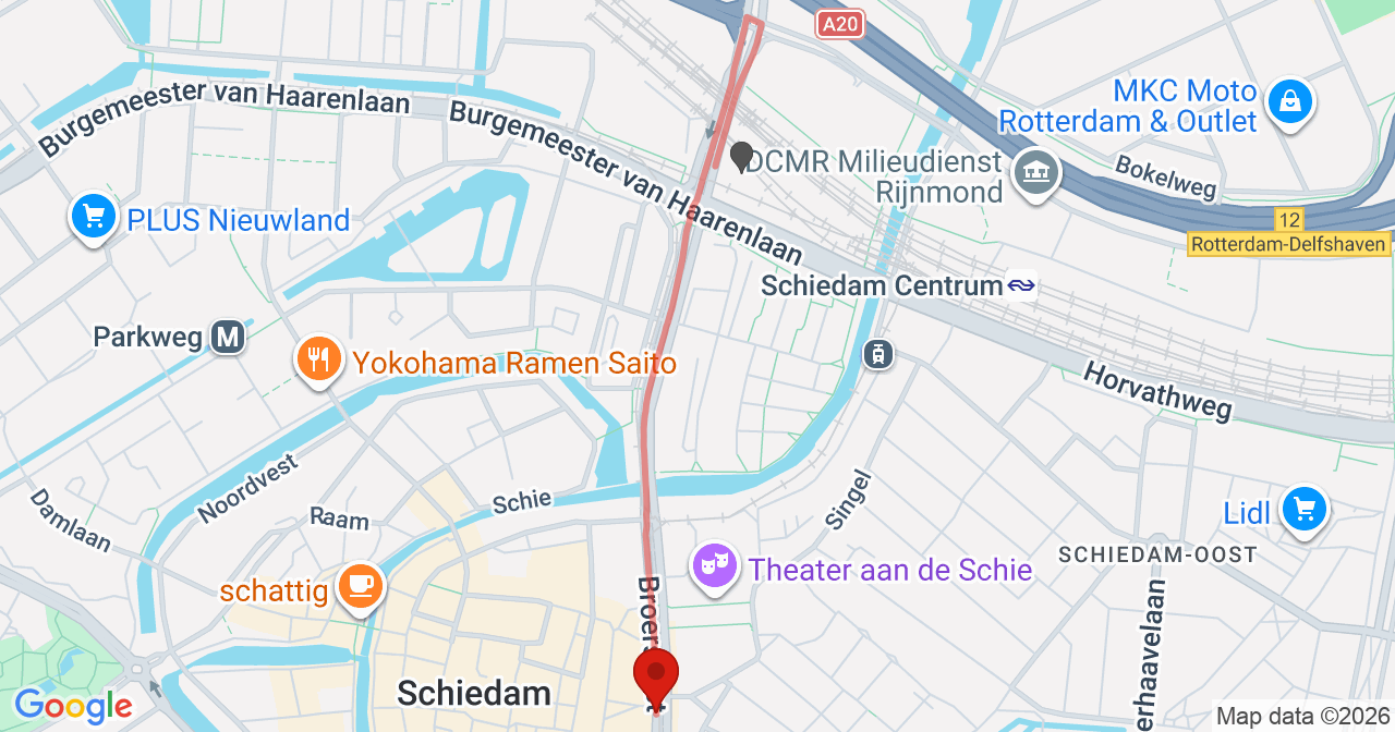 Kaart van het incident in Schiedam met berekende routes vanaf gealarmeerde posten