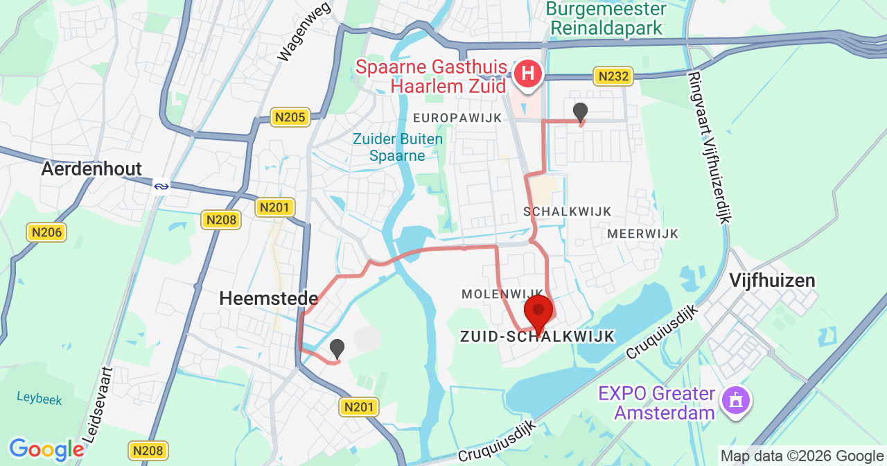 Kaart van het incident in Haarlem met de aanrijroutes van de gealarmeerde eenheden