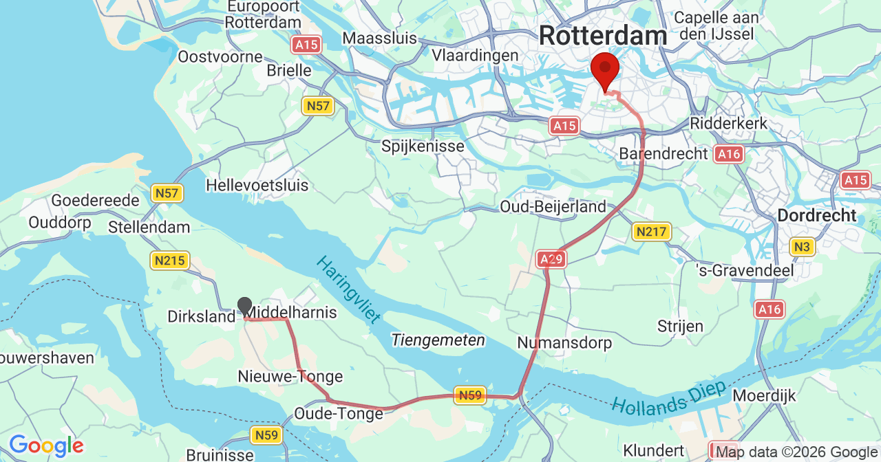 Kaart van het incident in Rotterdam met de aanrijroutes van de gealarmeerde eenheden