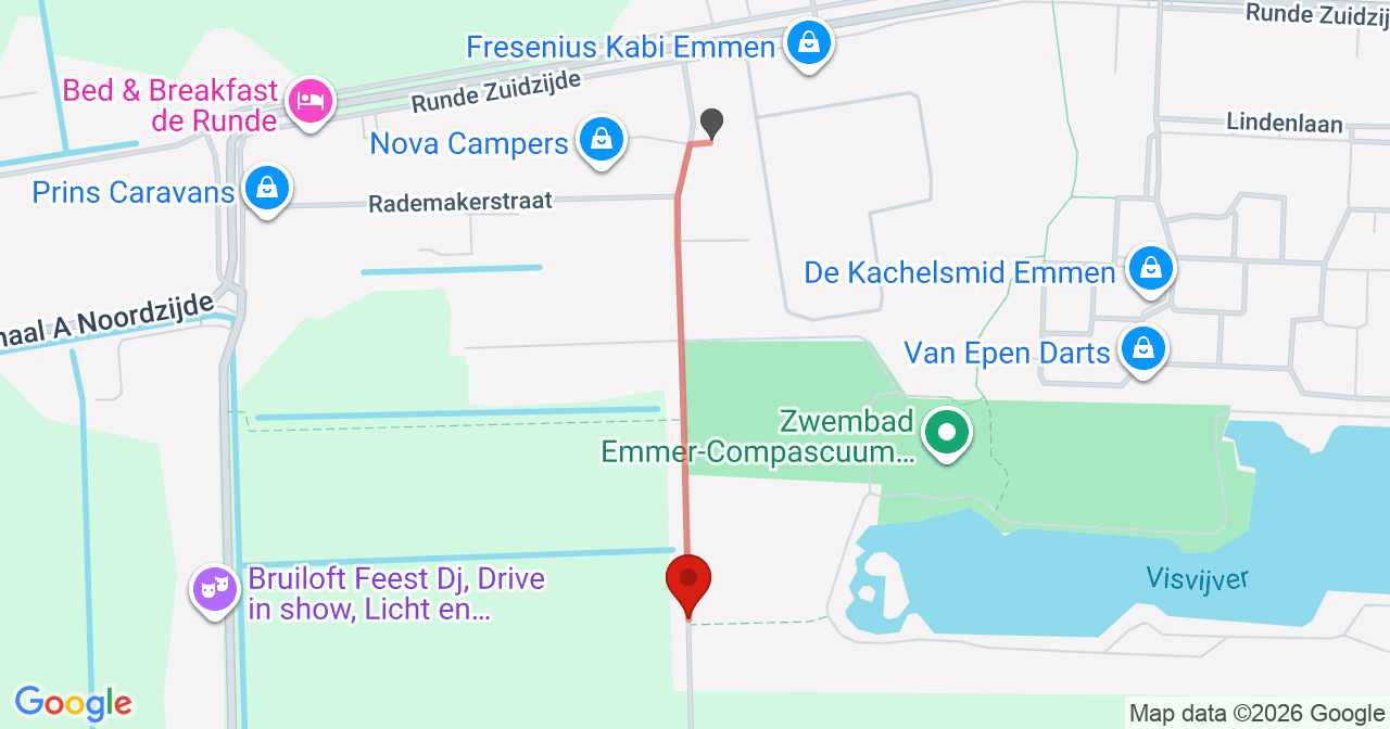 Kaart van het incident in Emmer-Compascuum met berekende routes vanaf gealarmeerde posten