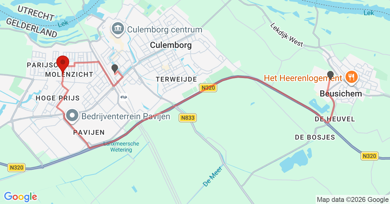 Kaart van het incident in Culemborg met de aanrijroutes van de gealarmeerde eenheden
