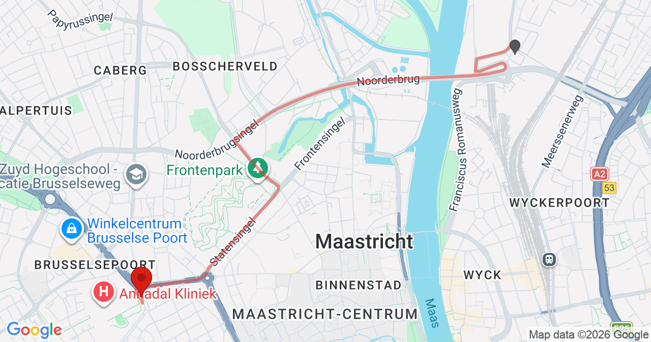 Kaart van het incident in Maastricht met de aanrijroutes van de gealarmeerde eenheden
