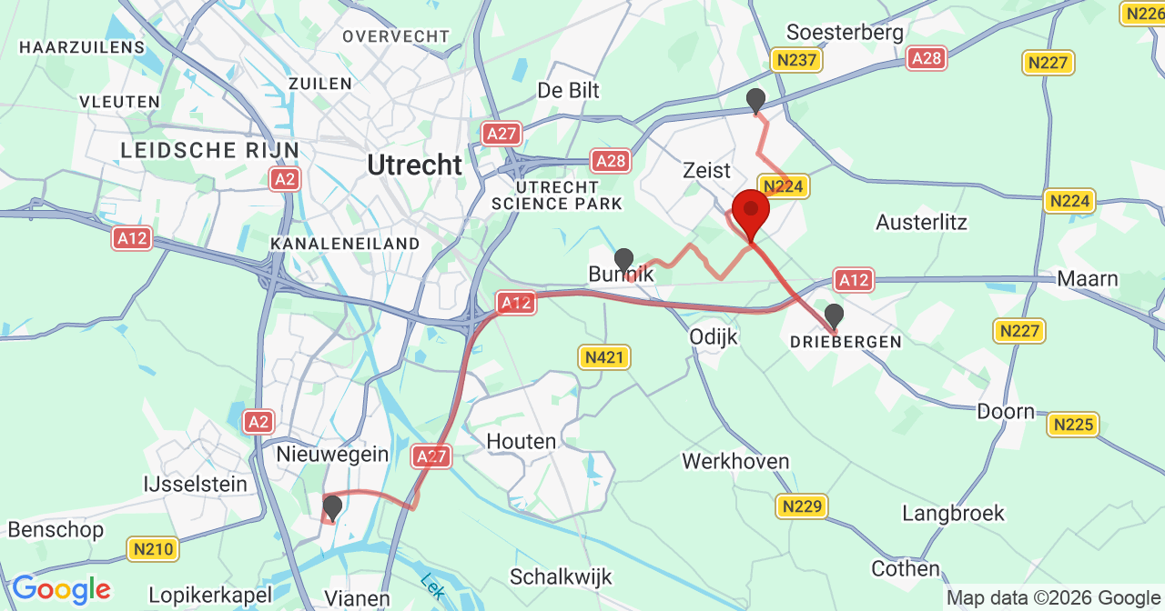 Kaart van het incident in Zeist met de aanrijroutes van de gealarmeerde eenheden