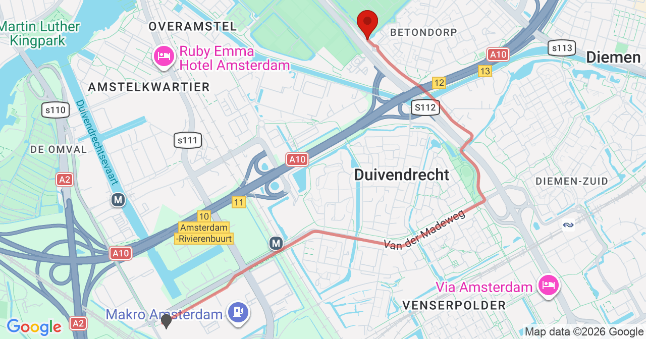 Kaart van het incident in Amsterdam met berekende routes vanaf gealarmeerde posten