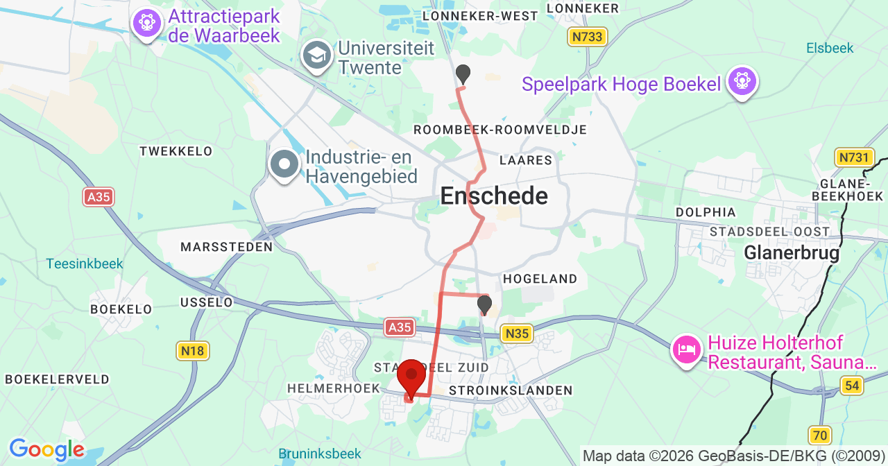Kaart van het incident in Enschede met de aanrijroutes van de gealarmeerde eenheden