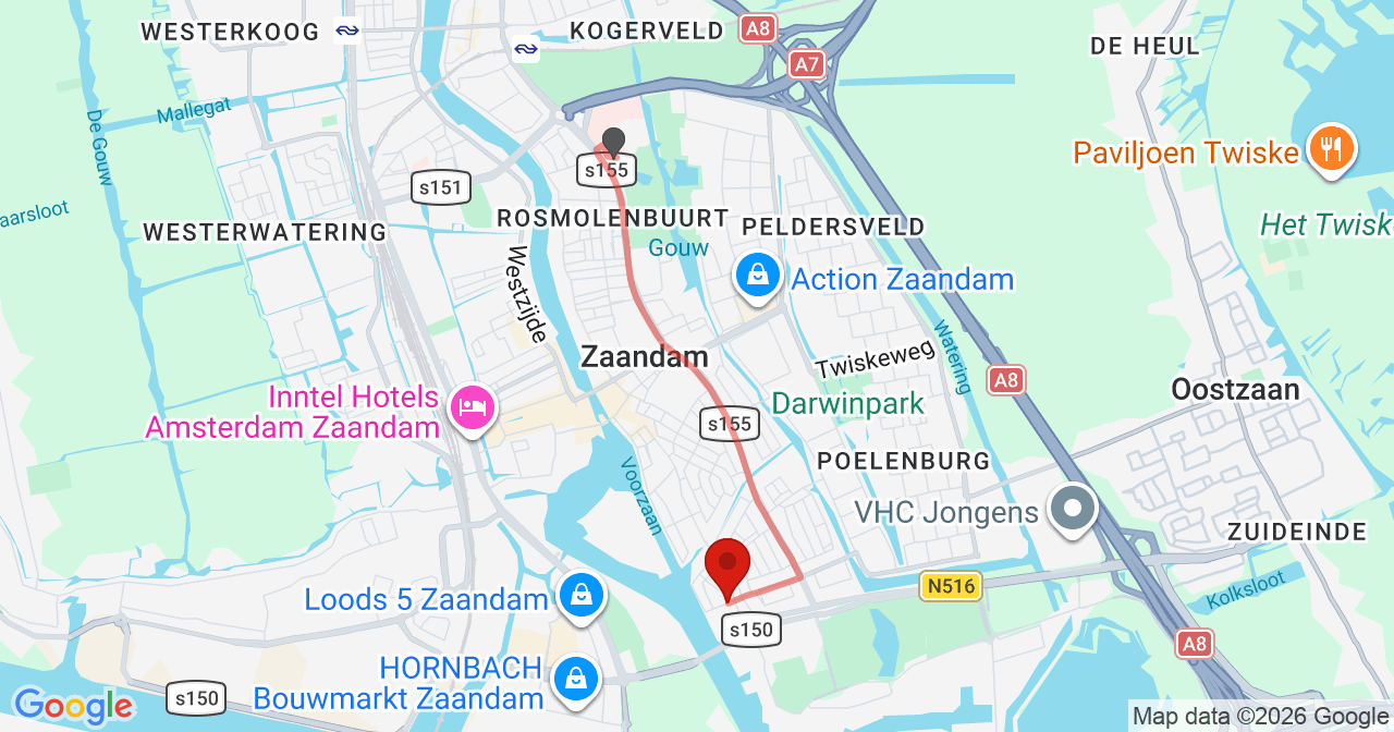 Kaart van het incident in Zaandam met berekende routes vanaf gealarmeerde posten