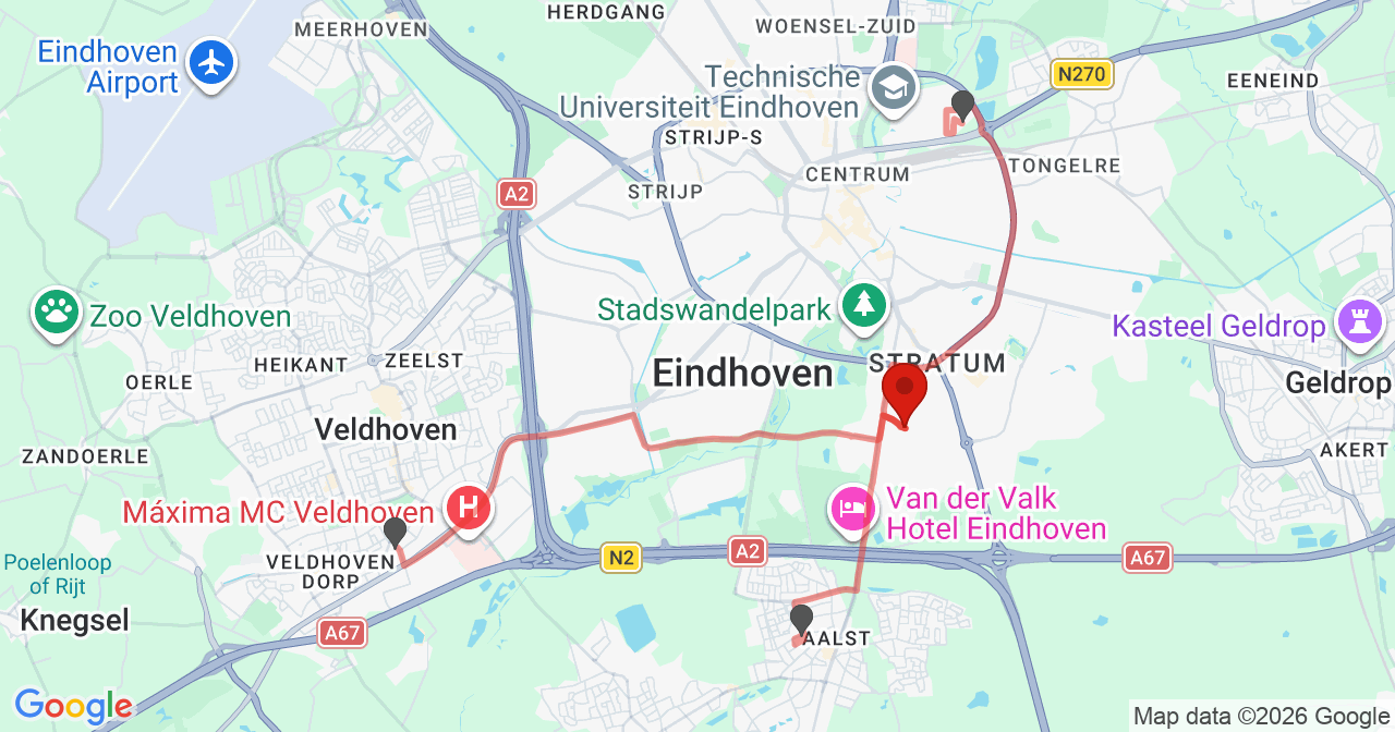 Kaart van het incident in Eindhoven met de aanrijroutes van de gealarmeerde eenheden