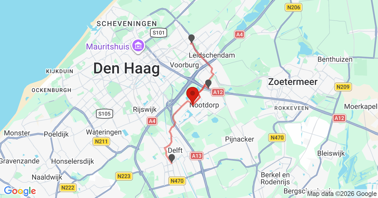 Kaart van het incident in Nootdorp met de aanrijroutes van de gealarmeerde eenheden