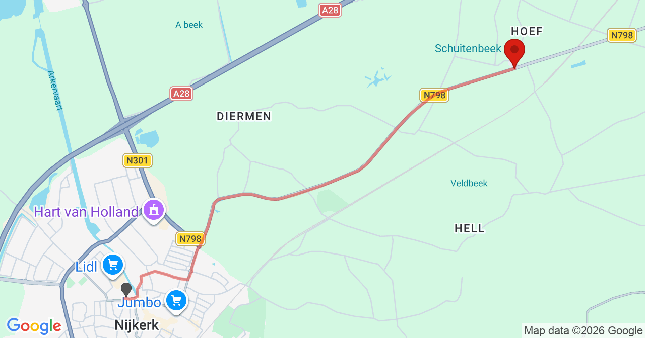 Kaart van het incident in Putten met de aanrijroutes van de gealarmeerde eenheden