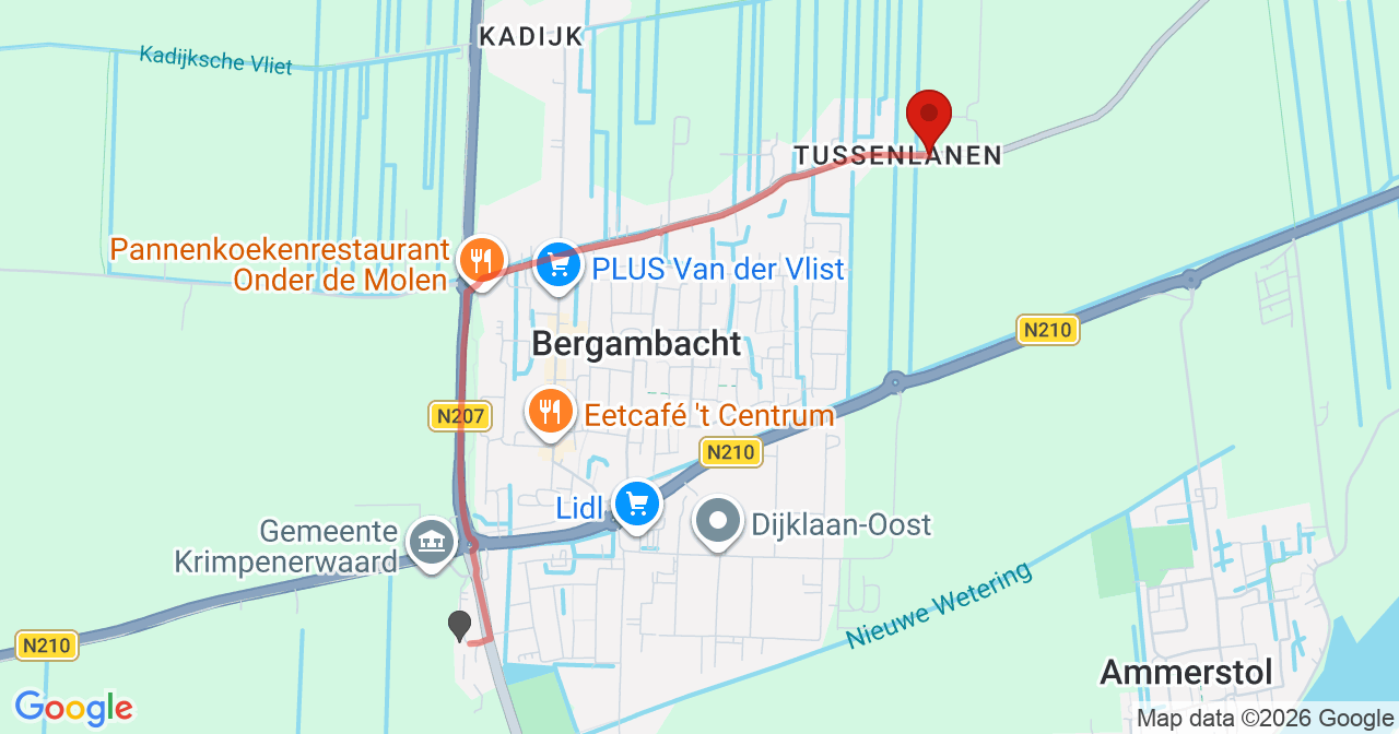 Kaart van het incident in Bergambacht met de aanrijroutes van de gealarmeerde eenheden