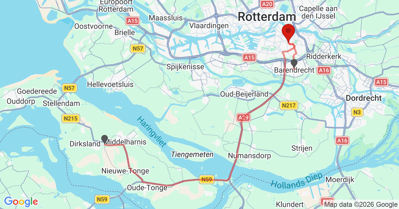 Kaart van het incident in Rotterdam met de aanrijroutes van de gealarmeerde eenheden