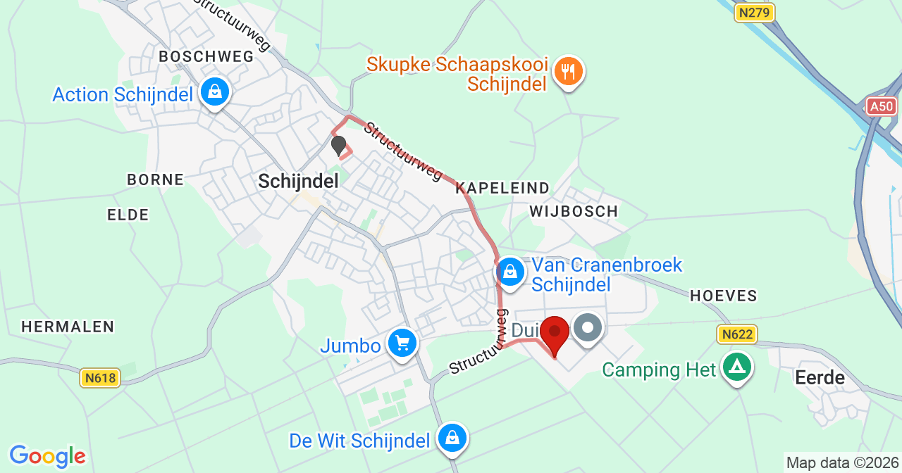 Kaart van het incident in Schijndel met de aanrijroutes van de gealarmeerde eenheden