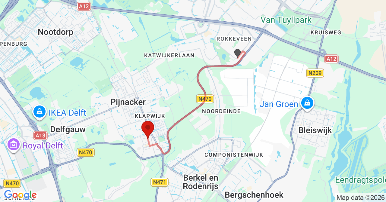 Kaart van het incident in Pijnacker met de aanrijroutes van de gealarmeerde eenheden