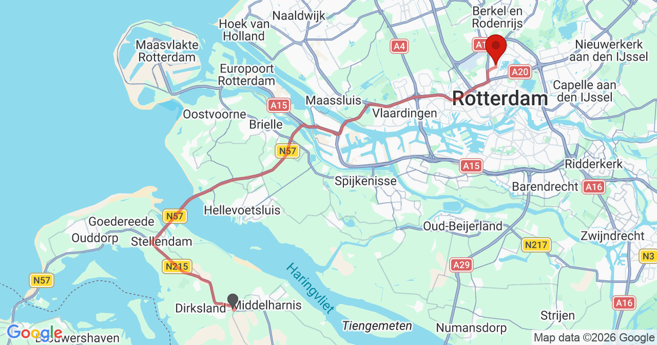 Kaart van het incident in Rotterdam met de aanrijroutes van de gealarmeerde eenheden