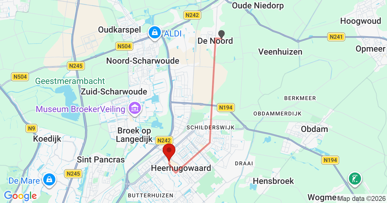 Kaart van het incident in Heerhugowaard met de aanrijroutes van de gealarmeerde eenheden