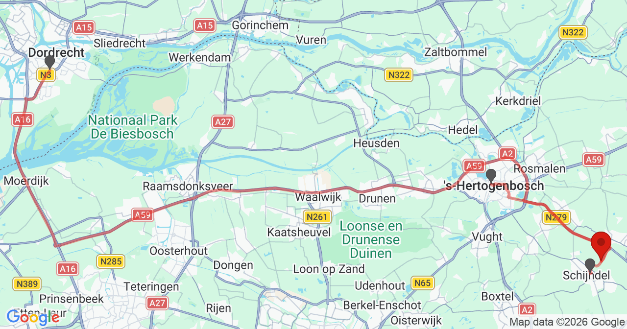 Kaart van het incident in Schijndel met de aanrijroutes van de gealarmeerde eenheden