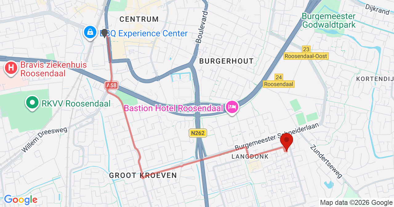 Kaart van het incident in Roosendaal met berekende routes vanaf gealarmeerde posten