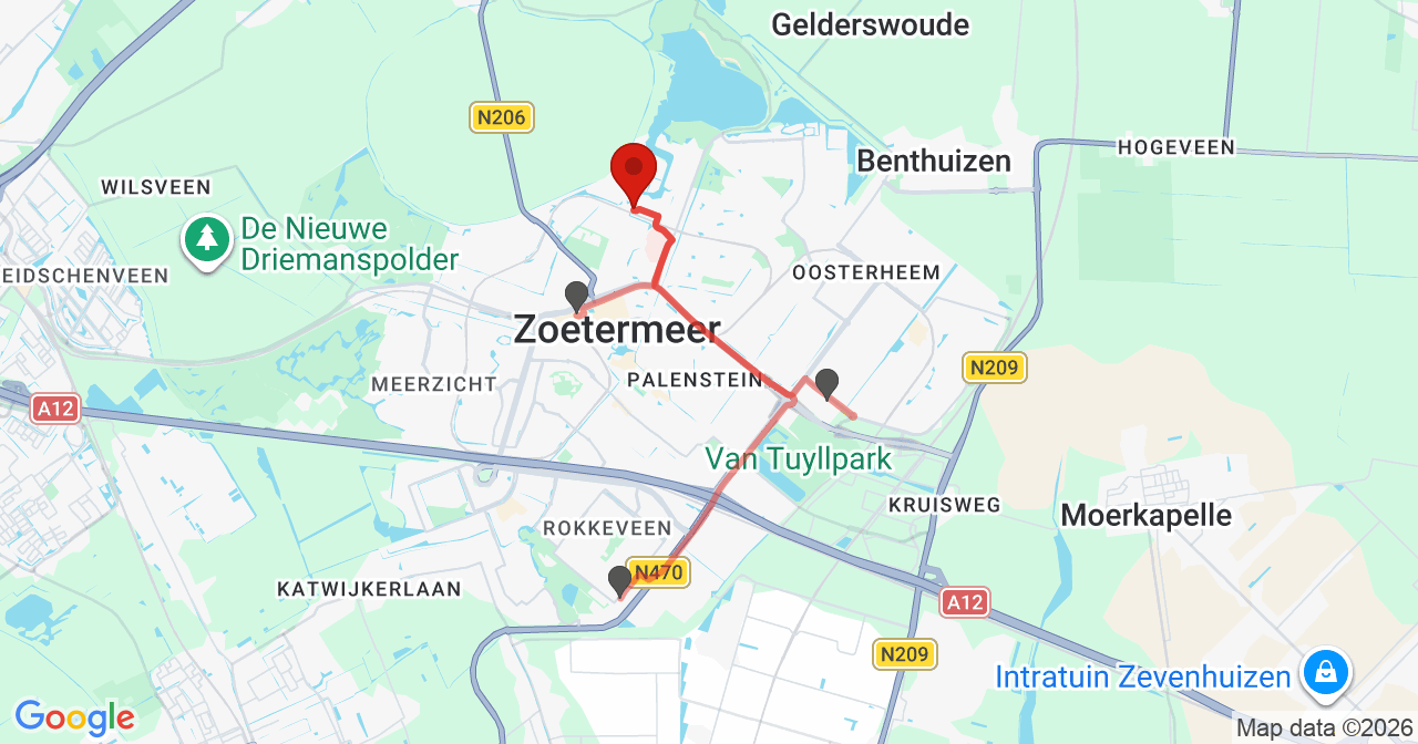 Kaart van het incident in Zoetermeer met de aanrijroutes van de gealarmeerde eenheden