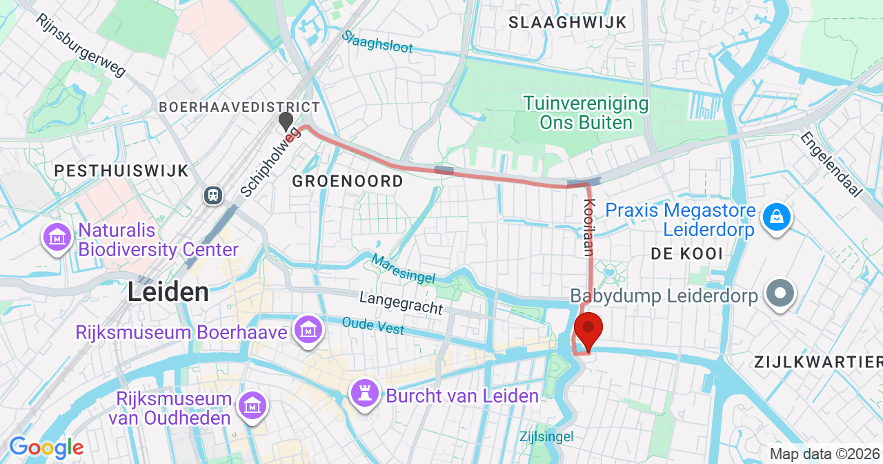 Kaart van het incident in Leiden met de aanrijroutes van de gealarmeerde eenheden