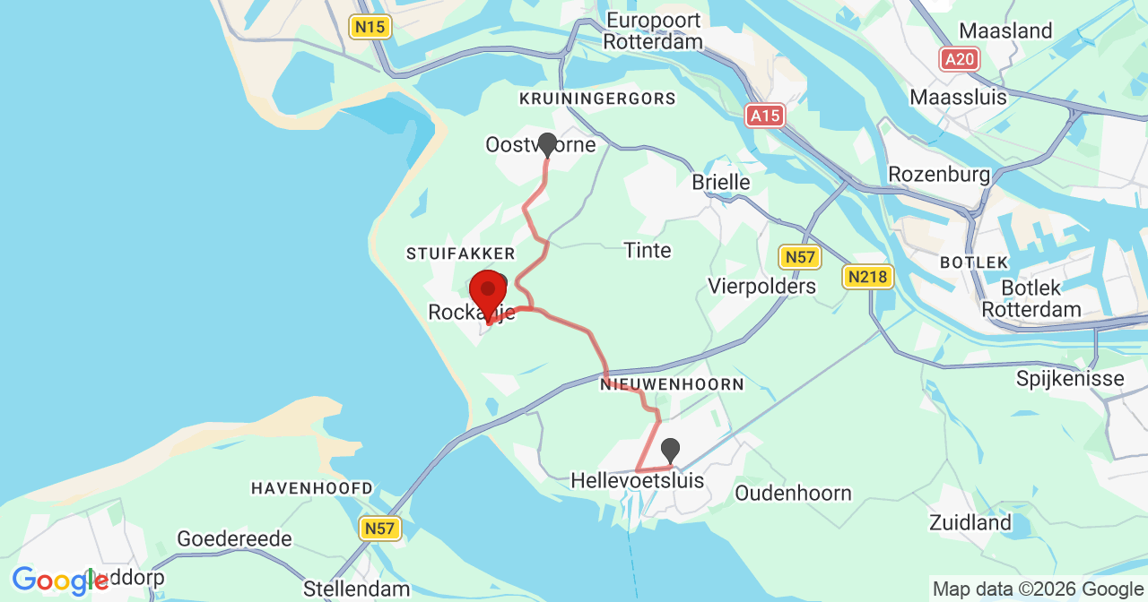 Kaart van het incident in Rockanje met de aanrijroutes van de gealarmeerde eenheden