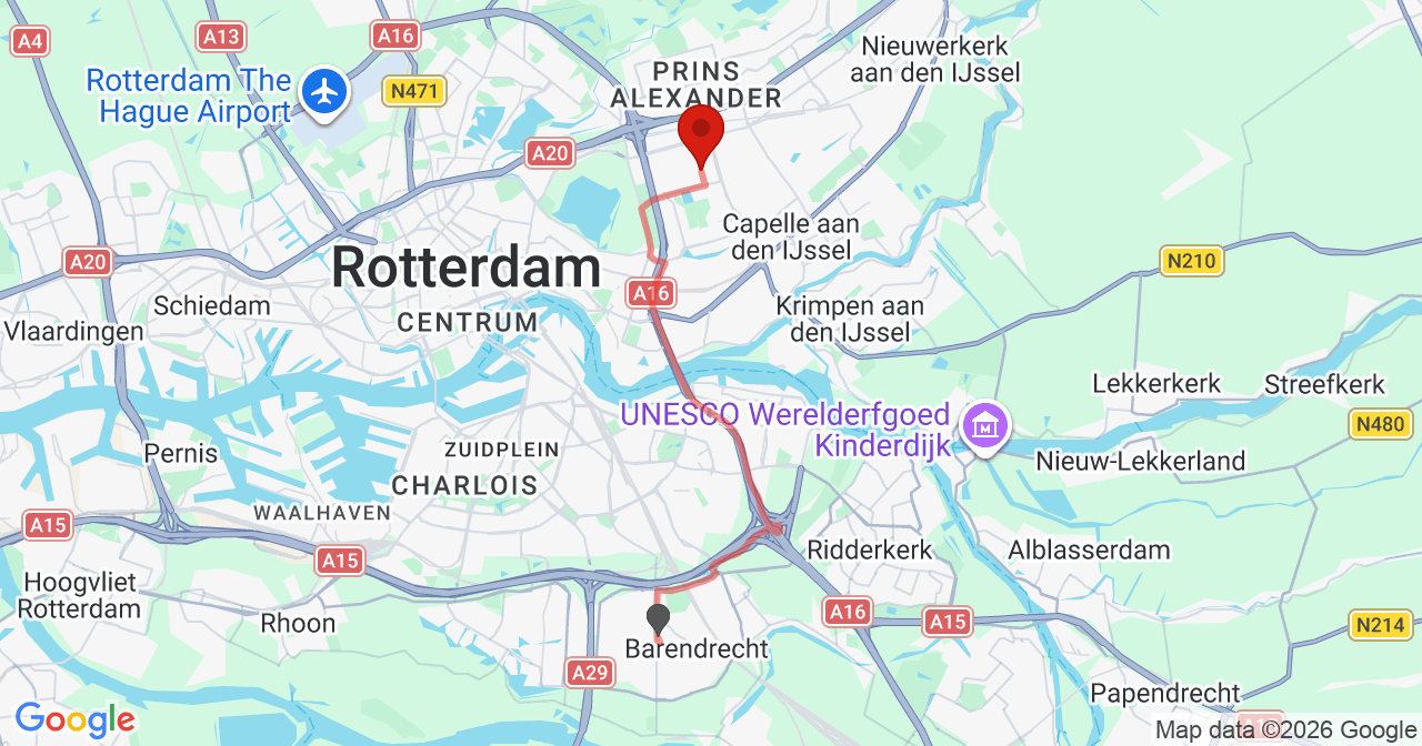 Kaart van het incident in Rotterdam met de aanrijroutes van de gealarmeerde eenheden