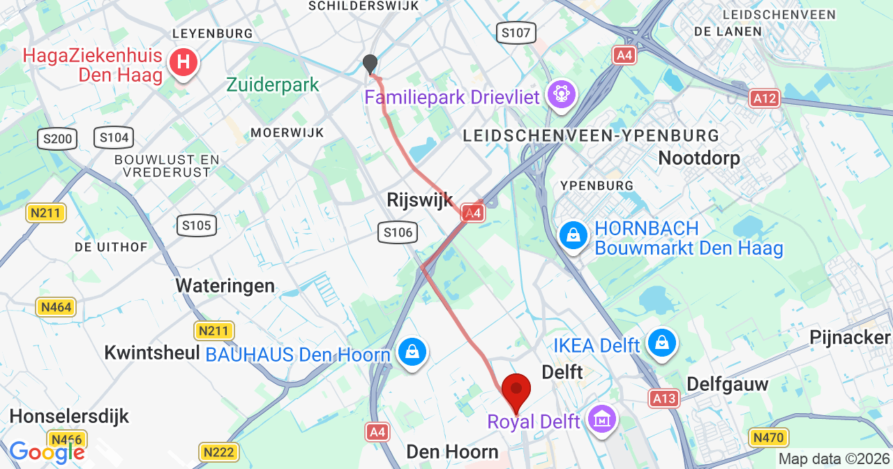 Kaart van het incident in Delft met berekende routes vanaf gealarmeerde posten