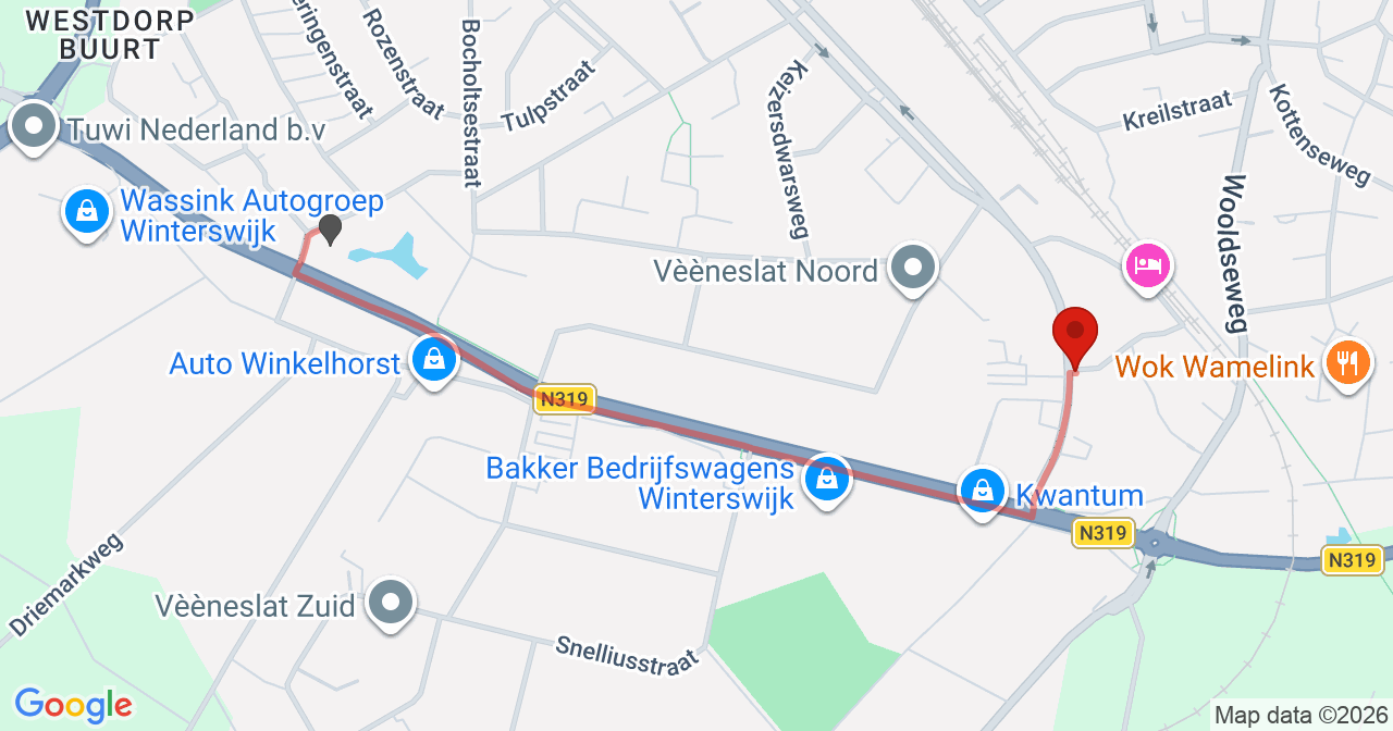 Kaart van het incident in Winterswijk met de aanrijroutes van de gealarmeerde eenheden