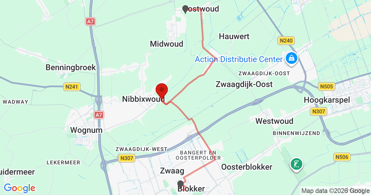 Kaart van het incident in Nibbixwoud met de aanrijroutes van de gealarmeerde eenheden