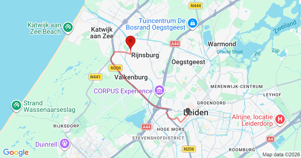 Kaart van het incident in Rijnsburg met de aanrijroutes van de gealarmeerde eenheden