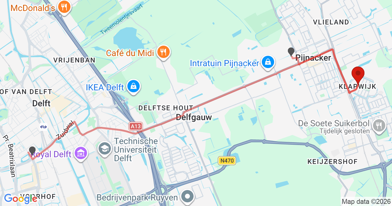 Kaart van het incident in Pijnacker met de aanrijroutes van de gealarmeerde eenheden
