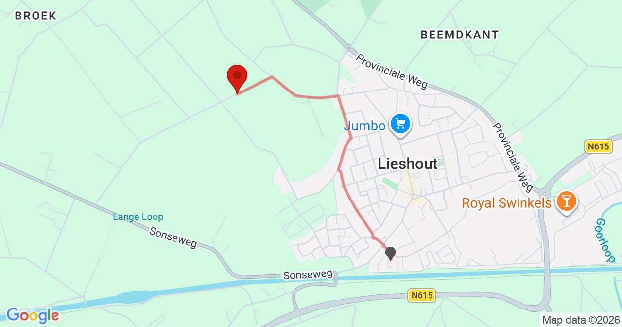 Kaart van het incident in Lieshout met de aanrijroutes van de gealarmeerde eenheden