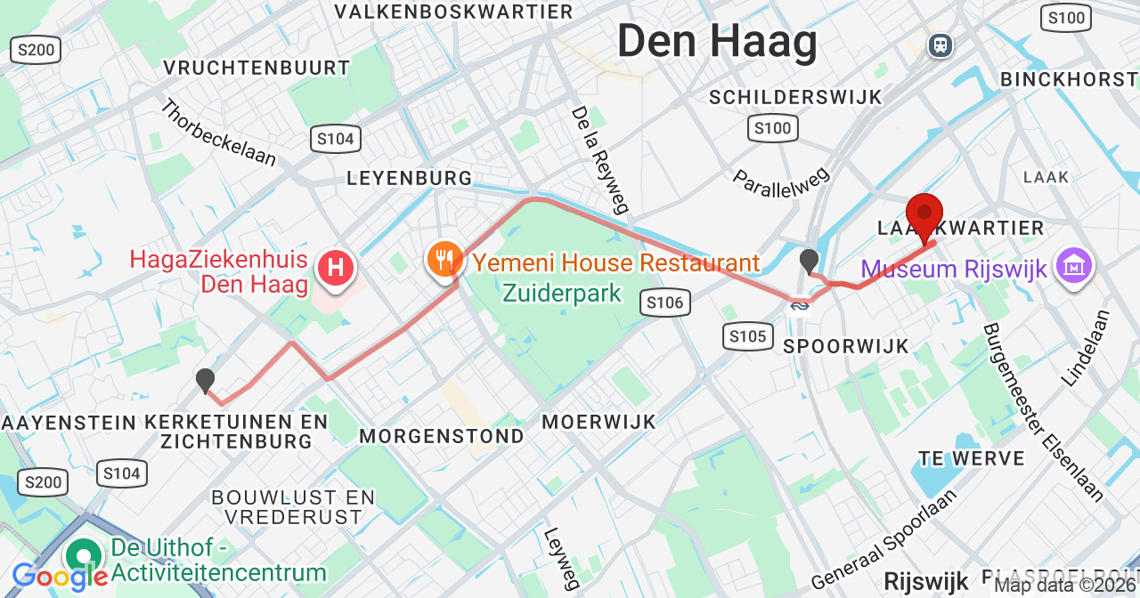 Kaart van het incident in 's-Gravenhage met de aanrijroutes van de gealarmeerde eenheden
