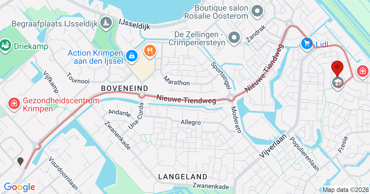 Kaart van het incident in Krimpen aan den IJssel met de aanrijroutes van de gealarmeerde eenheden