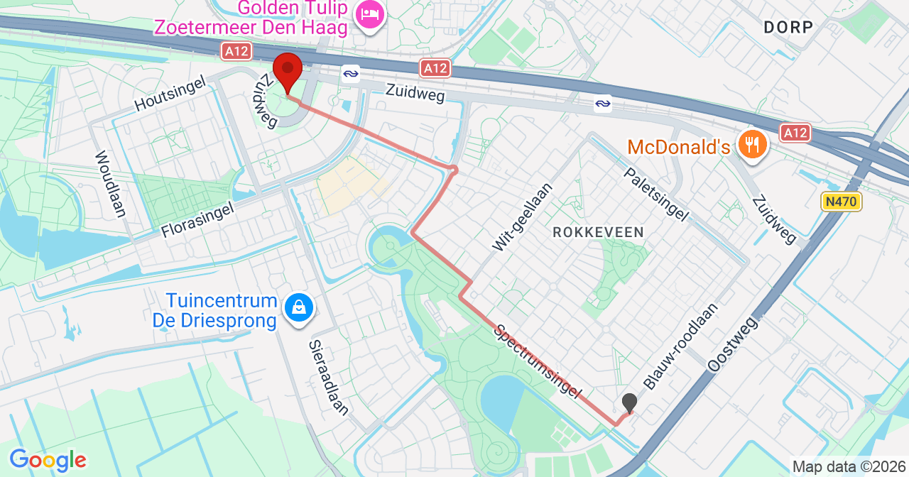Kaart van het incident in Zoetermeer met de aanrijroutes van de gealarmeerde eenheden