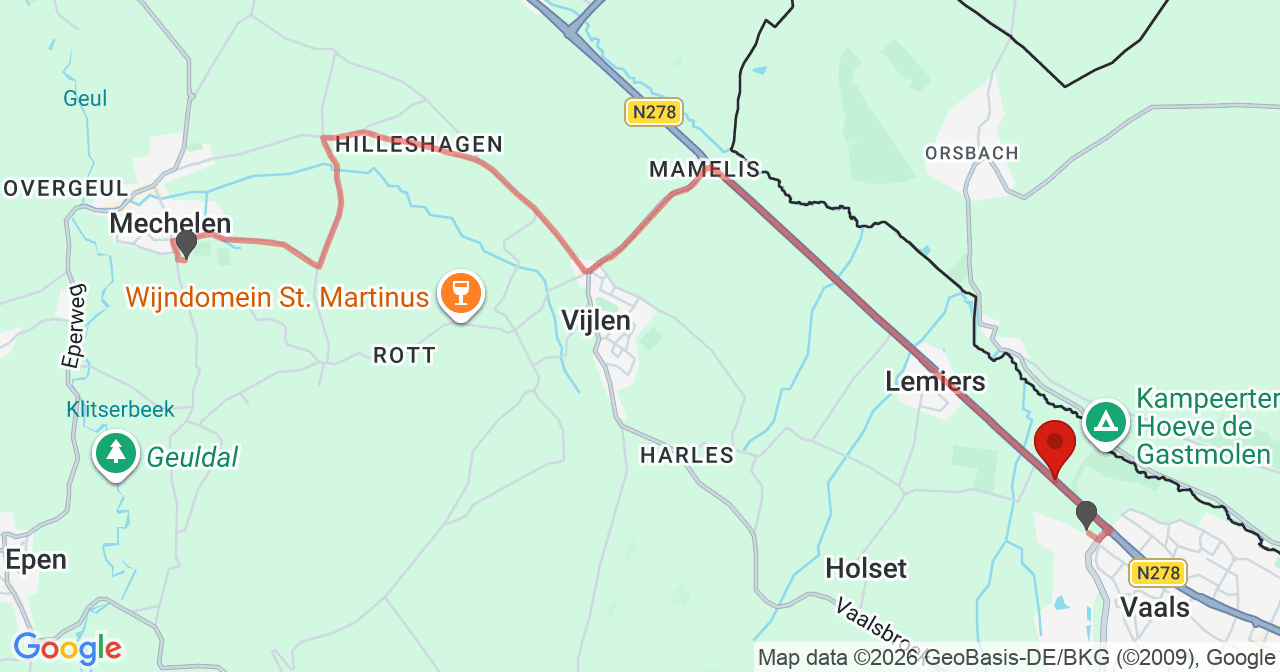 Kaart van het incident in Vaals met berekende routes vanaf gealarmeerde posten