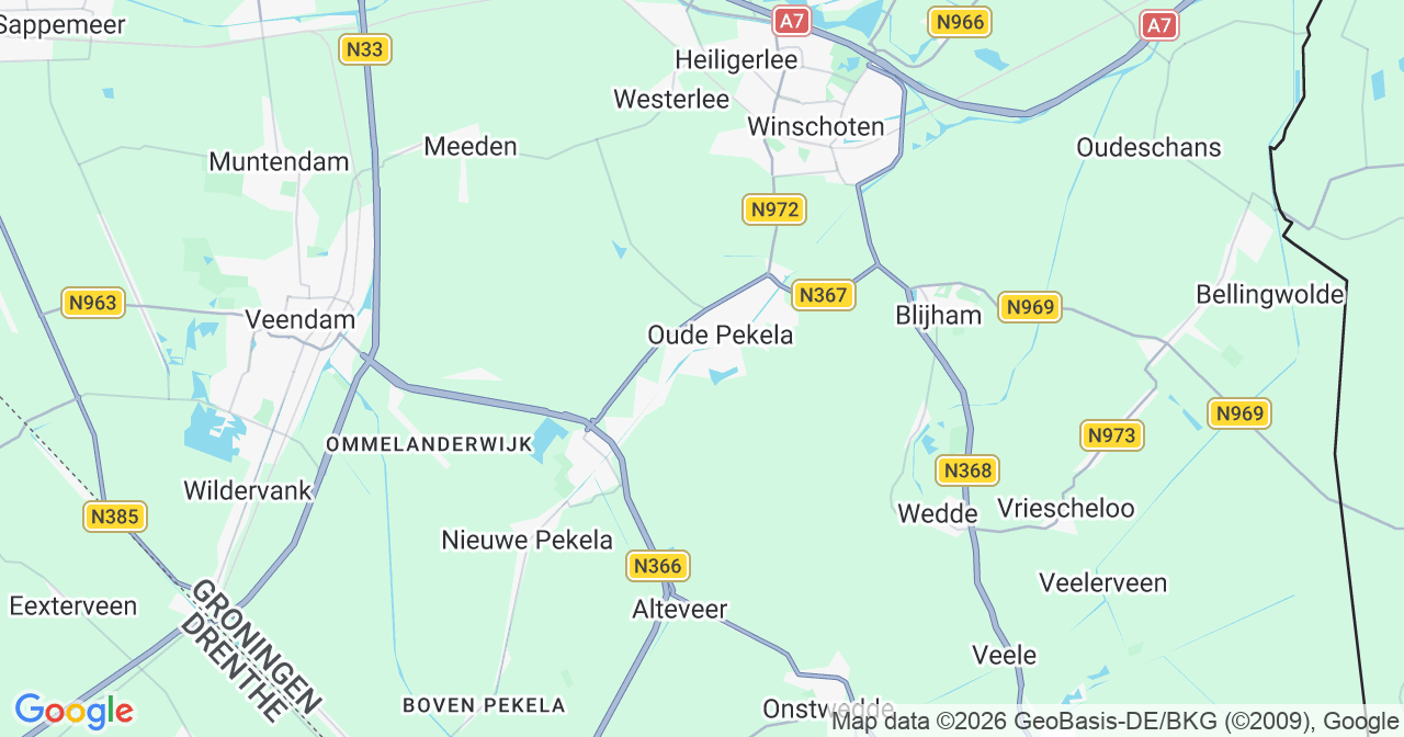 Kaart van het incident in Oude Pekela met berekende routes vanaf gealarmeerde posten