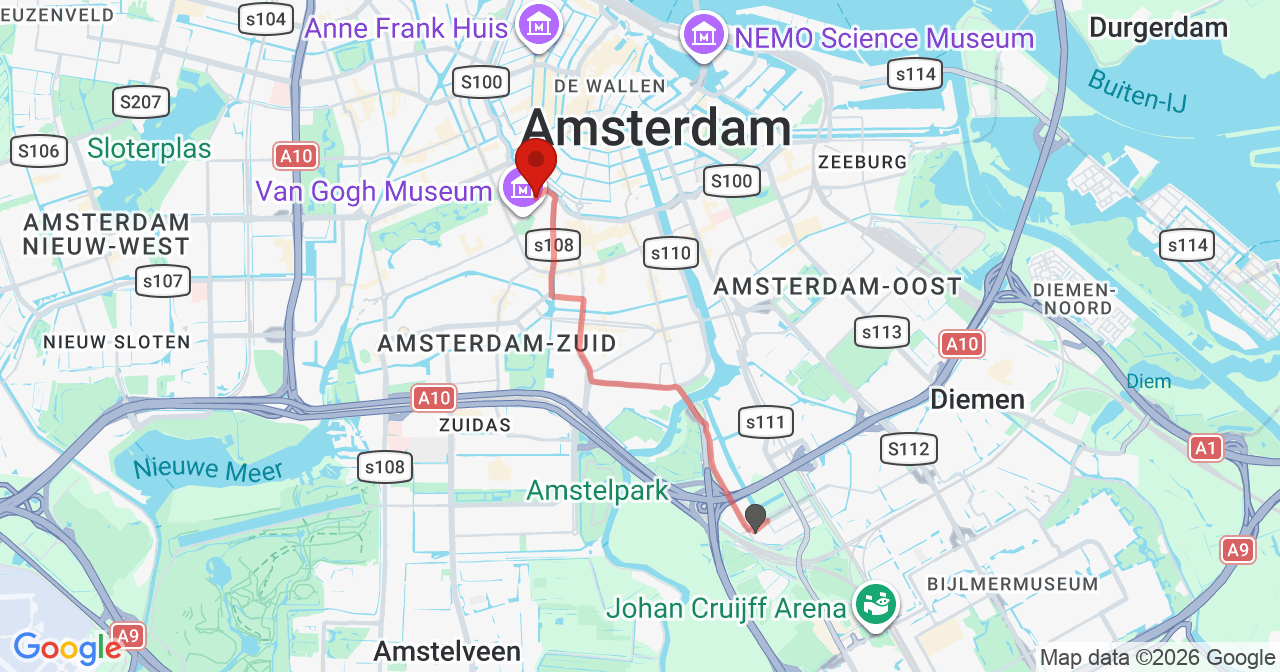 Kaart van het incident in Amsterdam met de aanrijroutes van de gealarmeerde eenheden