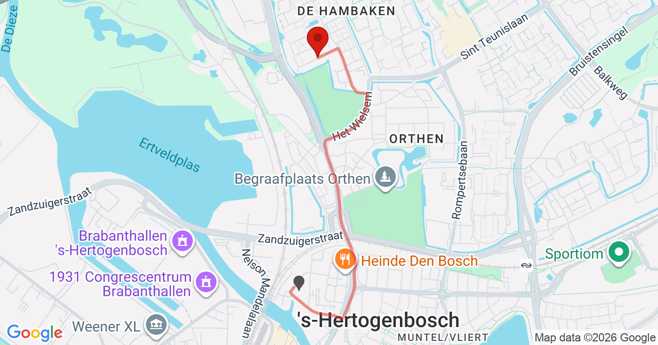Kaart van het incident in 's-Hertogenbosch met berekende routes vanaf gealarmeerde posten