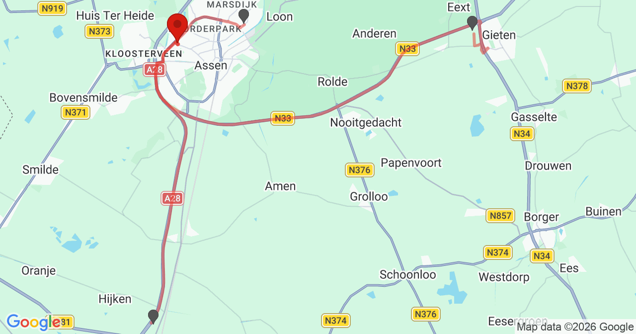 Kaart van het incident in Assen met de aanrijroutes van de gealarmeerde eenheden