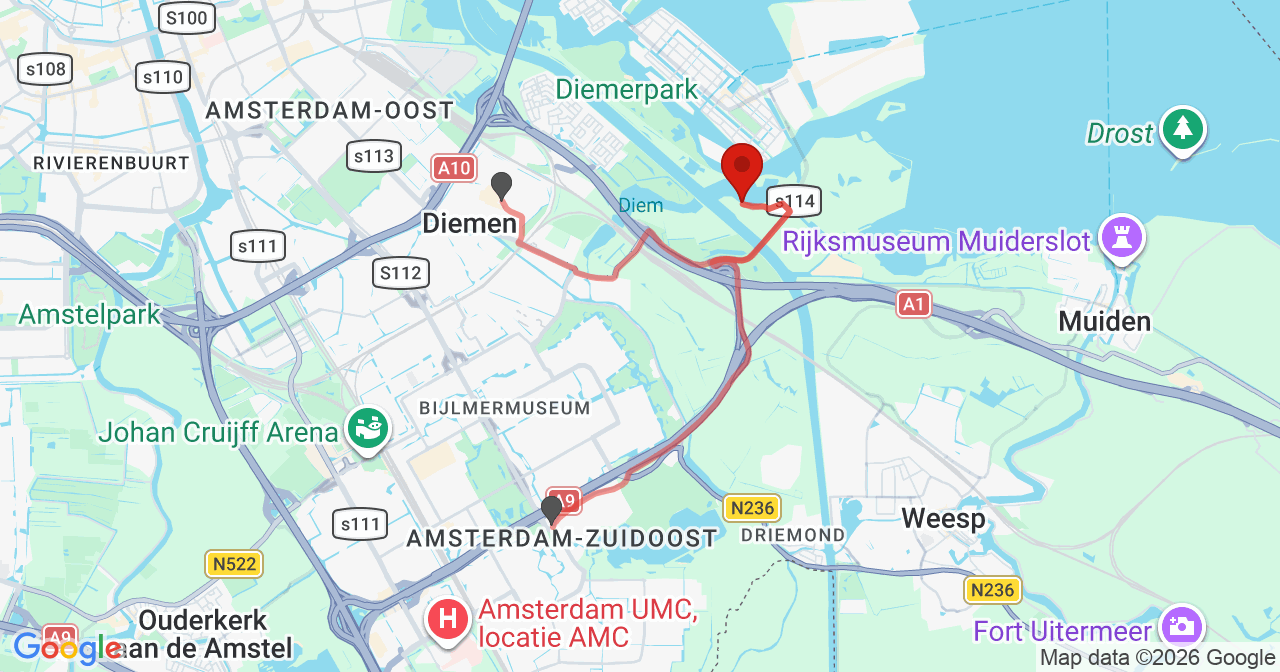 Kaart van het incident in Diemen met berekende routes vanaf gealarmeerde posten