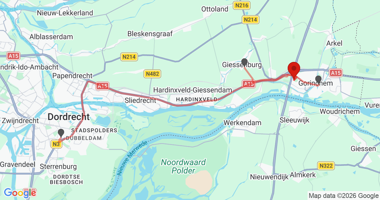 Kaart van het incident in Gorinchem met de aanrijroutes van de gealarmeerde eenheden