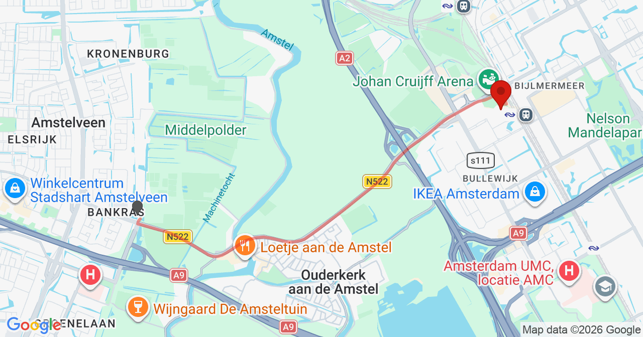 Kaart van het incident in Amsterdam met berekende routes vanaf gealarmeerde posten