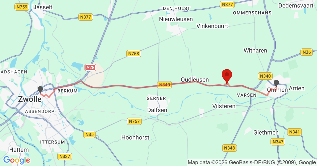 Kaart van het incident in Dalfsen met berekende routes vanaf gealarmeerde posten