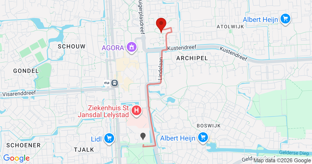 Kaart van het incident in Lelystad met de aanrijroutes van de gealarmeerde eenheden