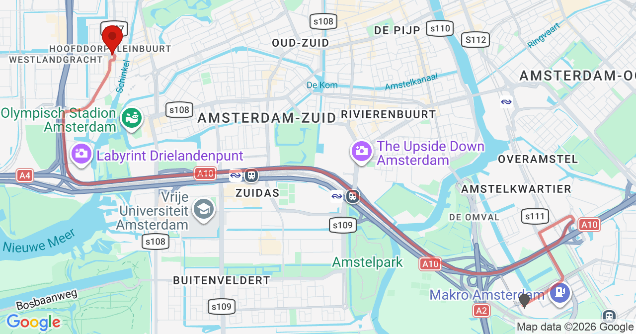 Kaart van het incident in Amsterdam met de aanrijroutes van de gealarmeerde eenheden