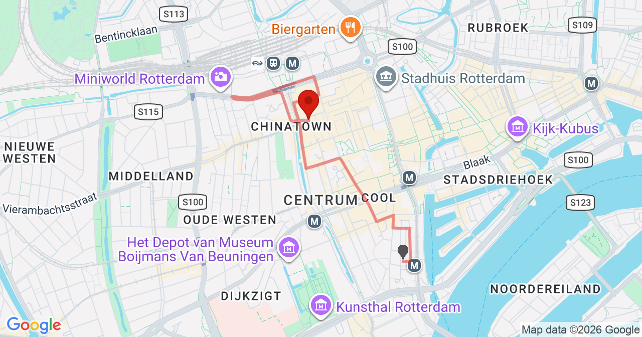 Kaart van het incident in Rotterdam met berekende routes vanaf gealarmeerde posten