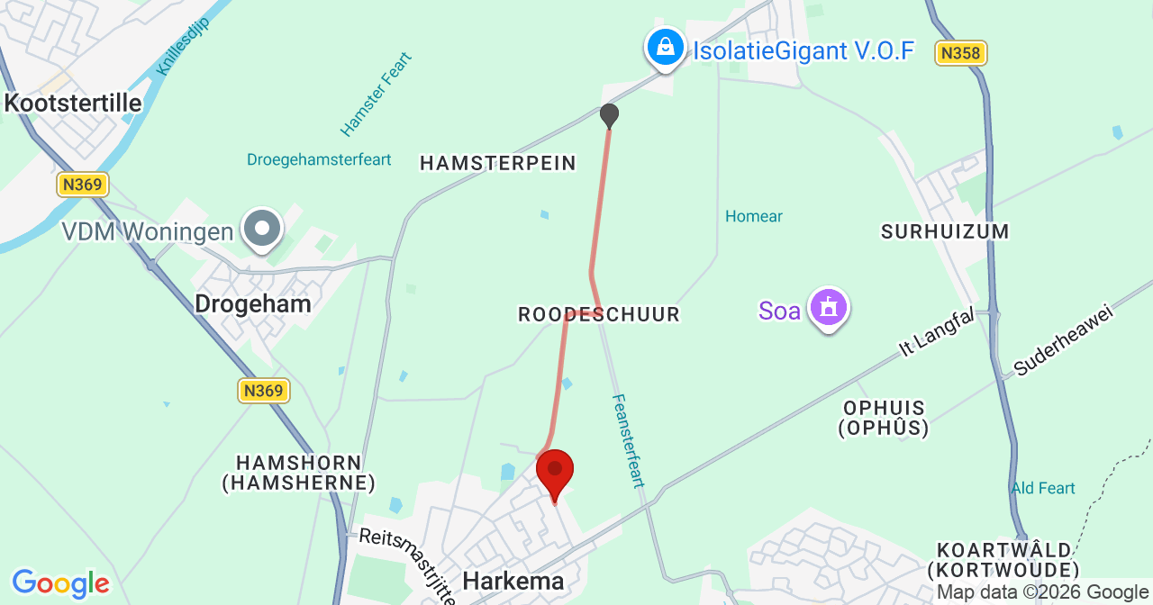 Kaart van het incident in Harkema met de aanrijroutes van de gealarmeerde eenheden