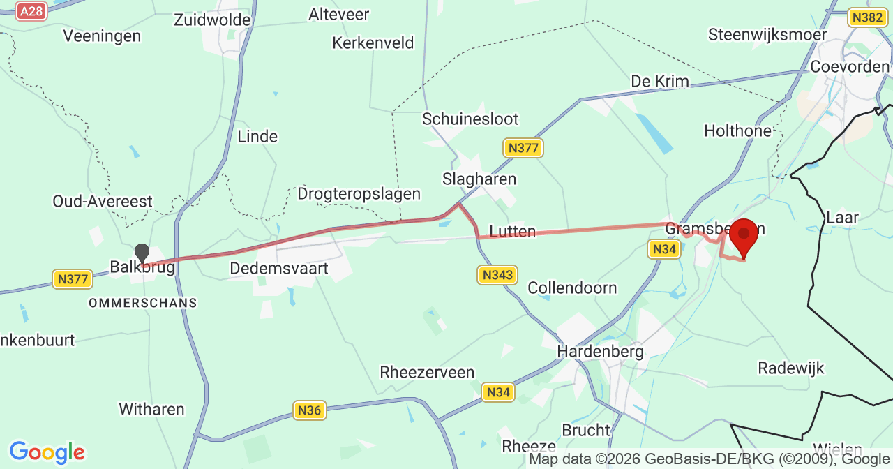 Kaart van het incident in Den Velde met berekende routes vanaf gealarmeerde posten