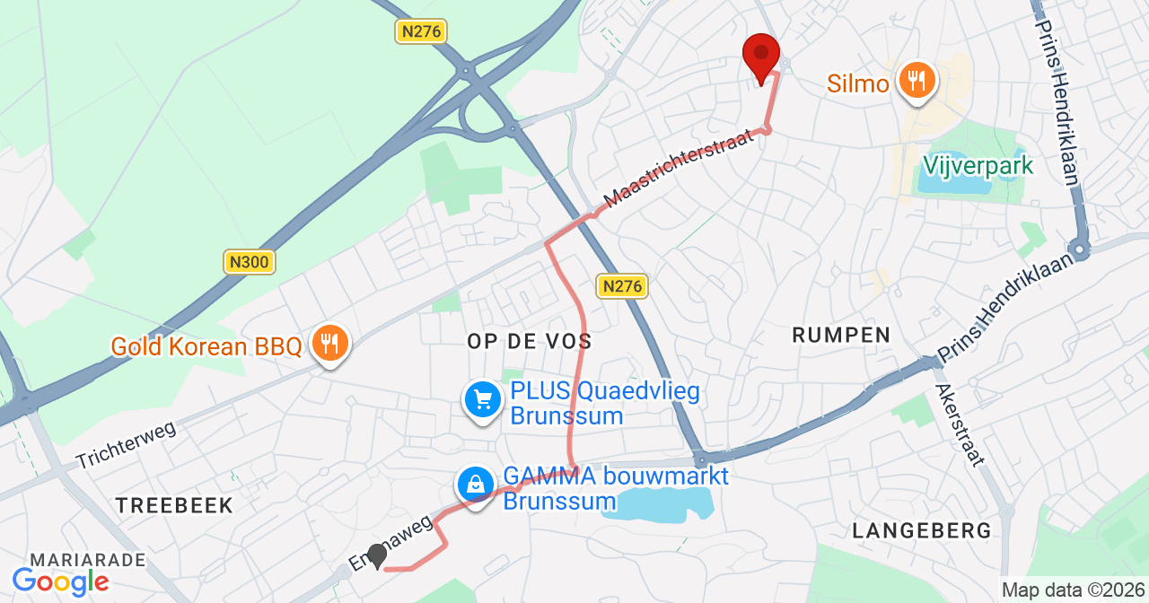 Kaart van het incident in Brunssum met de aanrijroutes van de gealarmeerde eenheden