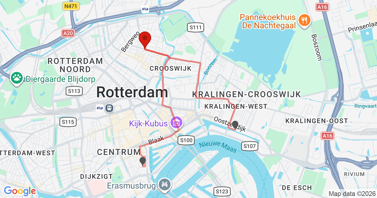 Kaart van het incident in Rotterdam met de aanrijroutes van de gealarmeerde eenheden